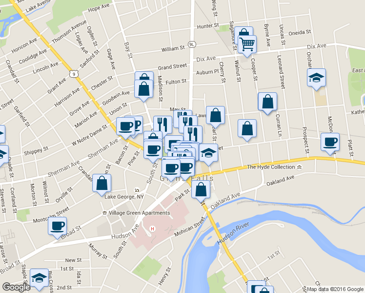 map of restaurants, bars, coffee shops, grocery stores, and more near 39 Maple Street in Glens Falls