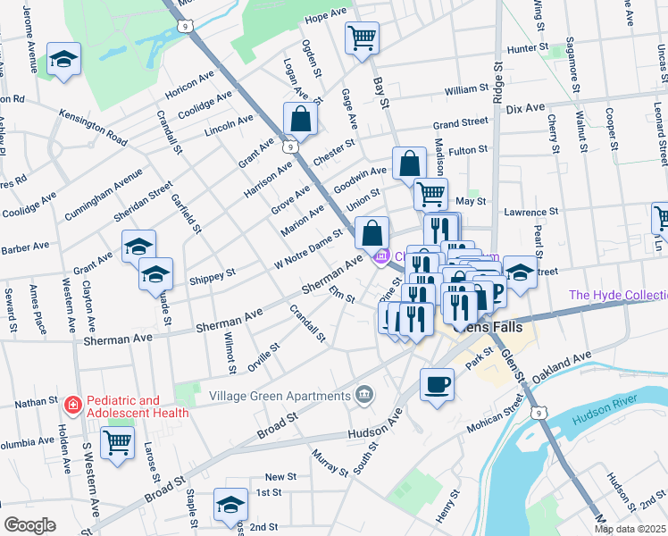 map of restaurants, bars, coffee shops, grocery stores, and more near 15 Sherman Avenue in Glens Falls