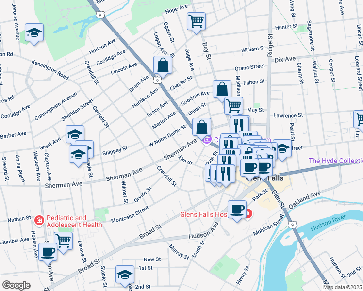 map of restaurants, bars, coffee shops, grocery stores, and more near 15 Sherman Avenue in Glens Falls