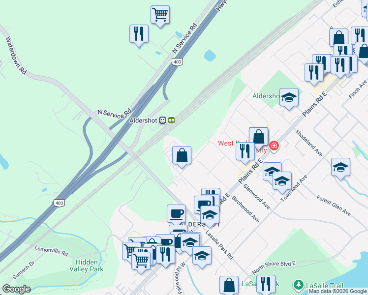 map of restaurants, bars, coffee shops, grocery stores, and more near 1119 Cooke Boulevard in Burlington