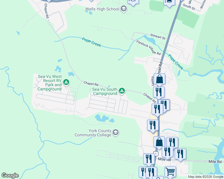 map of restaurants, bars, coffee shops, grocery stores, and more near 382 Chapel Road in Wells