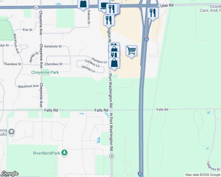map of restaurants, bars, coffee shops, grocery stores, and more near 975 North Port Washington Road in Grafton