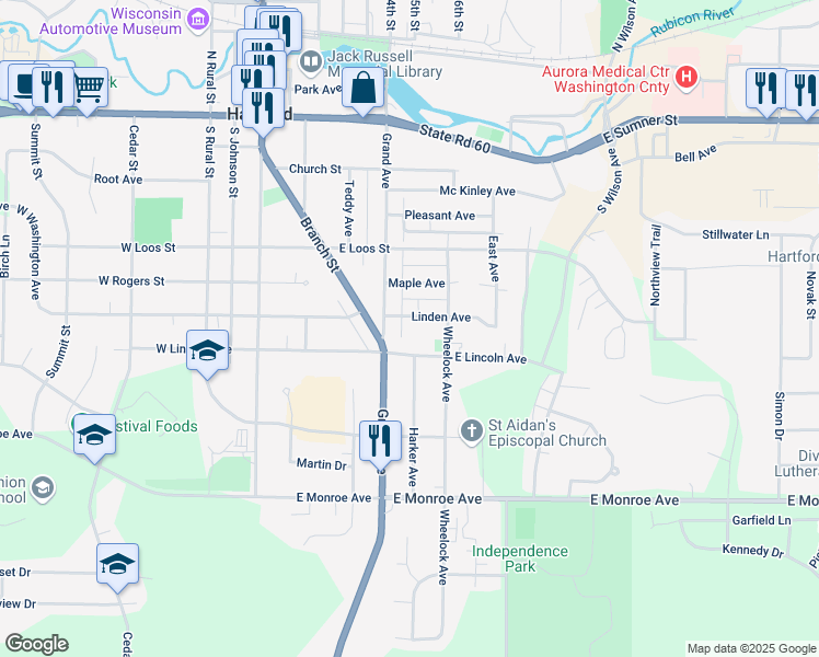map of restaurants, bars, coffee shops, grocery stores, and more near 516 East Lincoln Avenue in Hartford