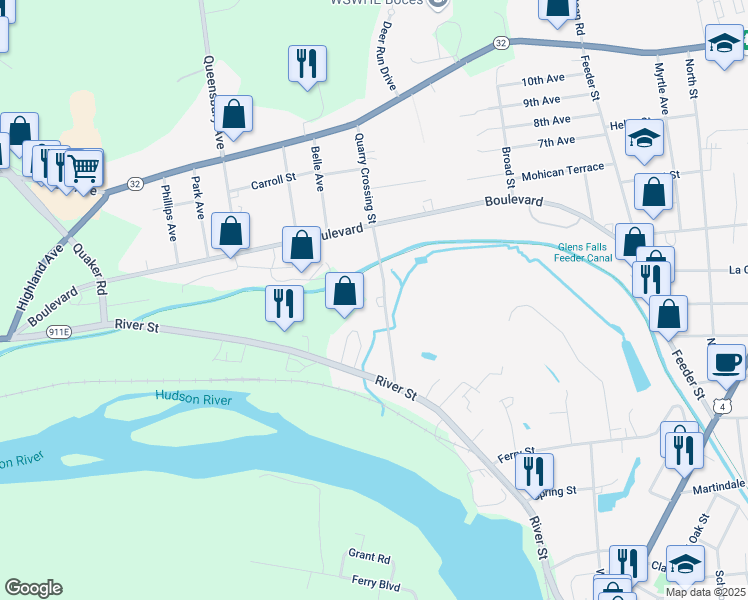 map of restaurants, bars, coffee shops, grocery stores, and more near 15 Warren Street in Queensbury