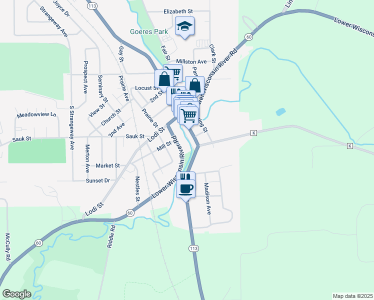 map of restaurants, bars, coffee shops, grocery stores, and more near 215 Water Street in Lodi