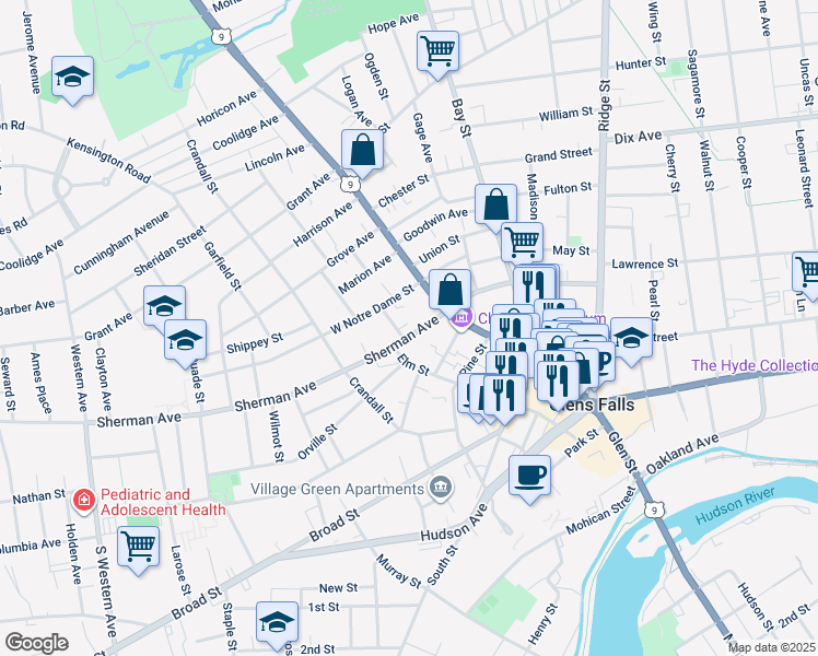 map of restaurants, bars, coffee shops, grocery stores, and more near 73 Elm Street in Glens Falls