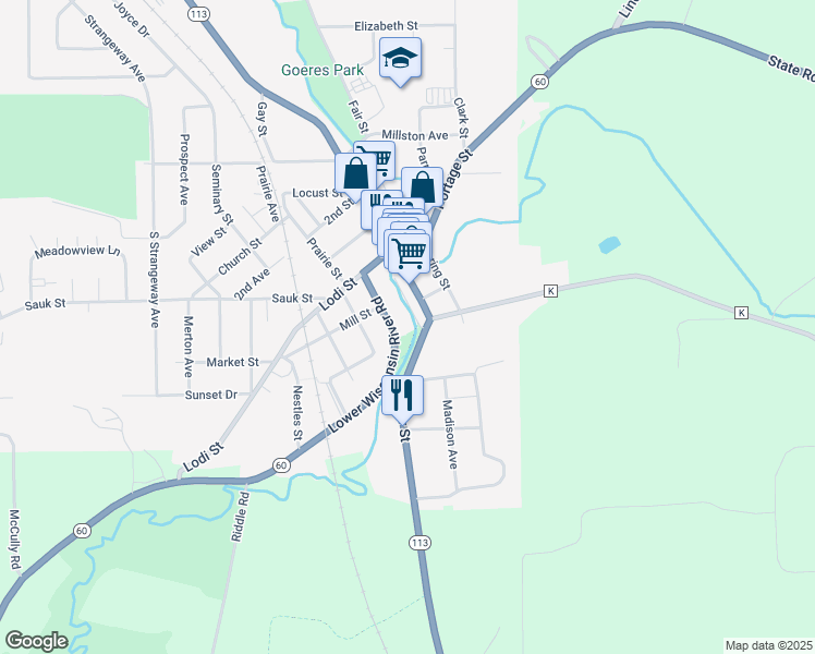 map of restaurants, bars, coffee shops, grocery stores, and more near 215 Water Street in Lodi