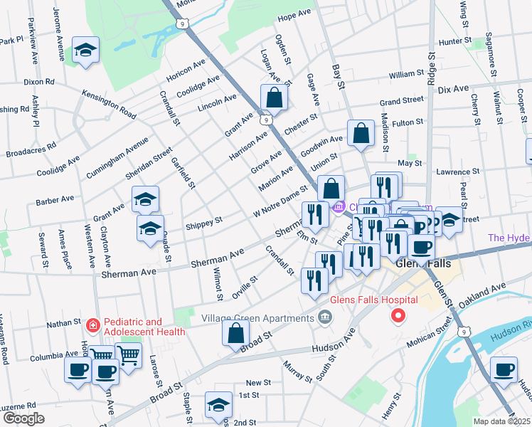 map of restaurants, bars, coffee shops, grocery stores, and more near 6 West Notre Dame Street in Glens Falls