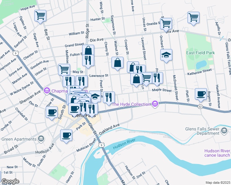 map of restaurants, bars, coffee shops, grocery stores, and more near 13 Cherry Street in Glens Falls
