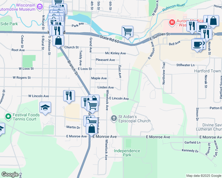 map of restaurants, bars, coffee shops, grocery stores, and more near 422 Wheelock Avenue in Hartford