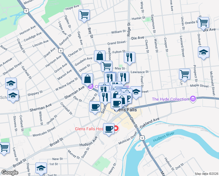 map of restaurants, bars, coffee shops, grocery stores, and more near 21 Bay Street in Glens Falls