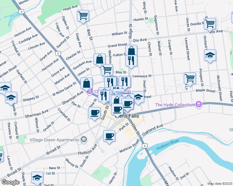 map of restaurants, bars, coffee shops, grocery stores, and more near 15 East Washington Street in Glens Falls