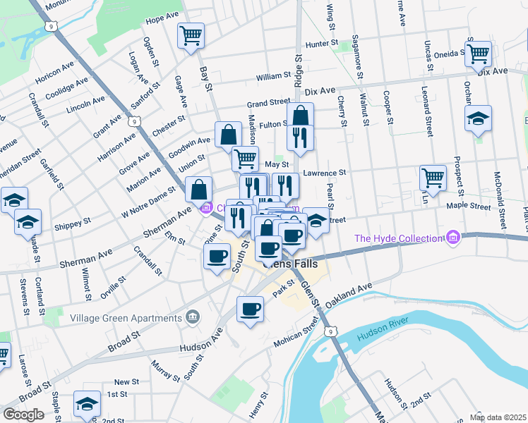 map of restaurants, bars, coffee shops, grocery stores, and more near 15 East Washington Street in Glens Falls