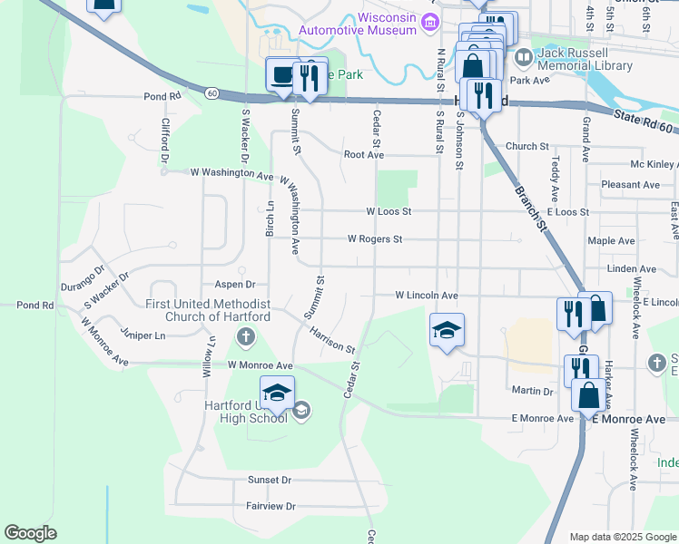map of restaurants, bars, coffee shops, grocery stores, and more near 419 West Washington Avenue in Hartford