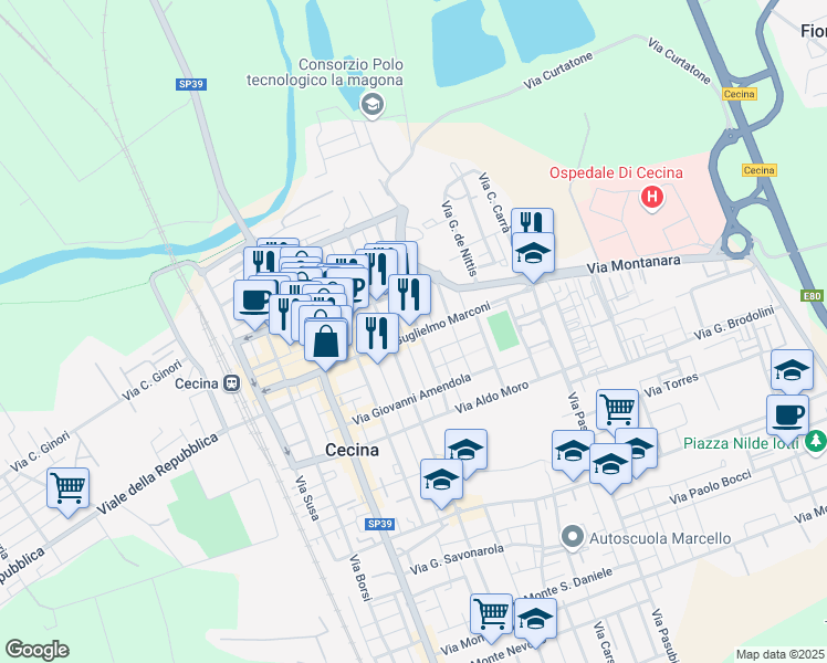 map of restaurants, bars, coffee shops, grocery stores, and more near 43/A Viale Guglielmo Marconi in Cecina