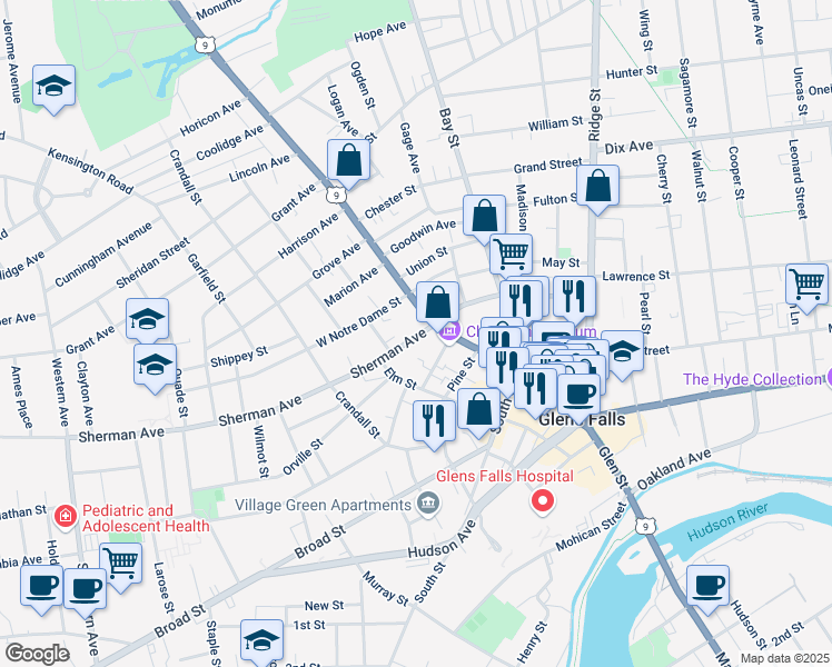 map of restaurants, bars, coffee shops, grocery stores, and more near 391 Glen Street in Glens Falls