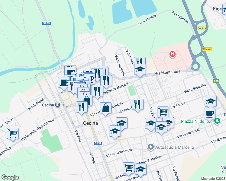 map of restaurants, bars, coffee shops, grocery stores, and more near 68 Viale Guglielmo Marconi in Cecina