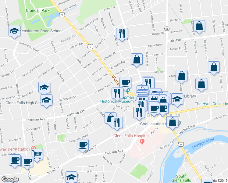 map of restaurants, bars, coffee shops, grocery stores, and more near 5 Sherman Avenue in Glens Falls