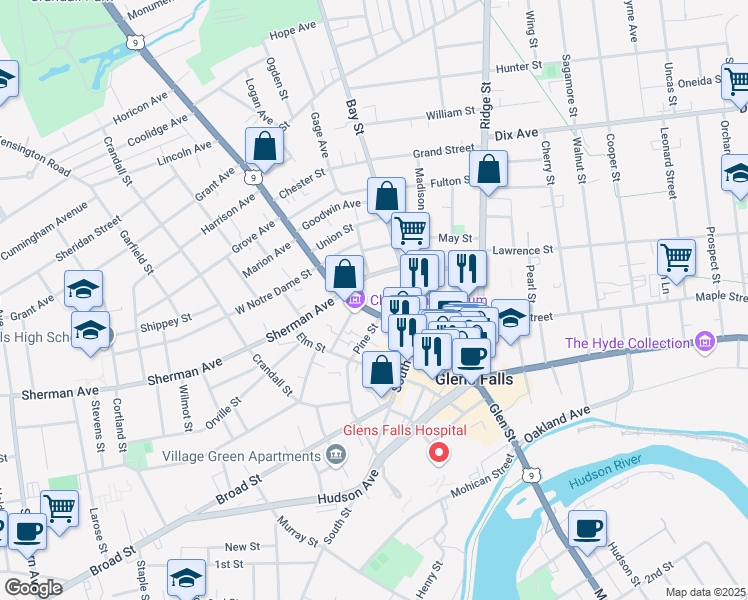map of restaurants, bars, coffee shops, grocery stores, and more near 333 Glen Street in Glens Falls