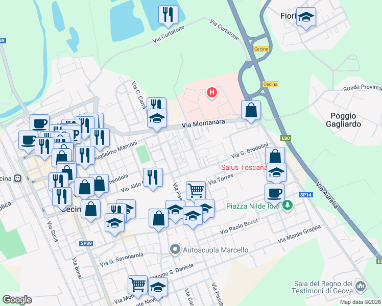 map of restaurants, bars, coffee shops, grocery stores, and more near 12 Via Guido Rossa in Cecina