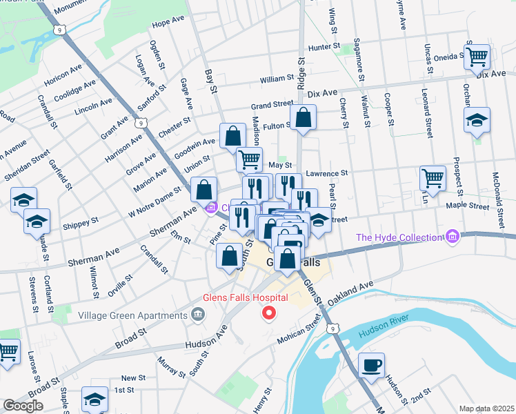 map of restaurants, bars, coffee shops, grocery stores, and more near 15 East Washington Street in Glens Falls