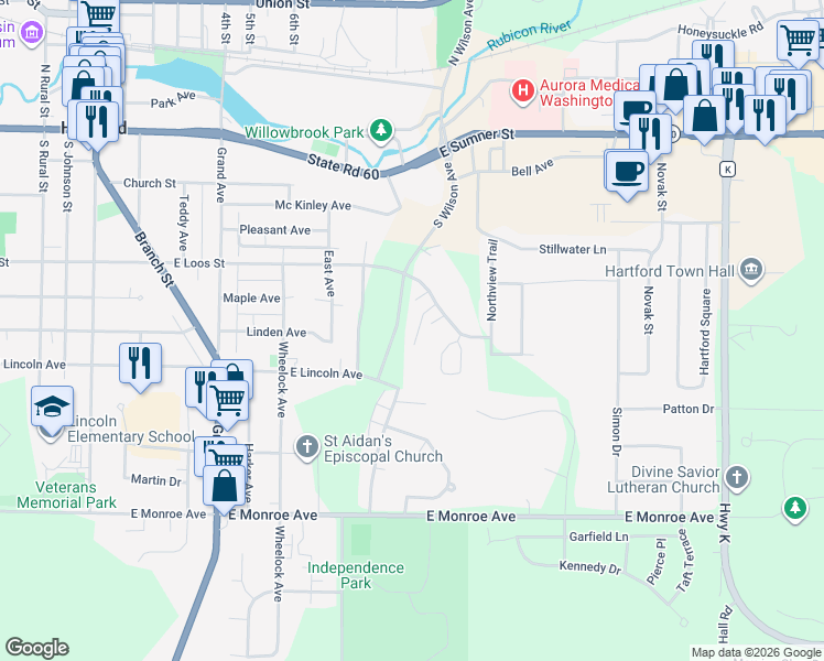 map of restaurants, bars, coffee shops, grocery stores, and more near 859 East Loos Street in Hartford