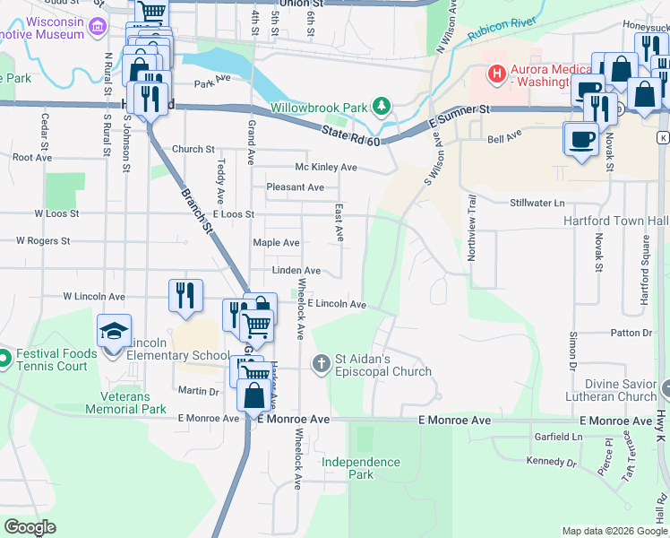 map of restaurants, bars, coffee shops, grocery stores, and more near 510 East Avenue in Hartford