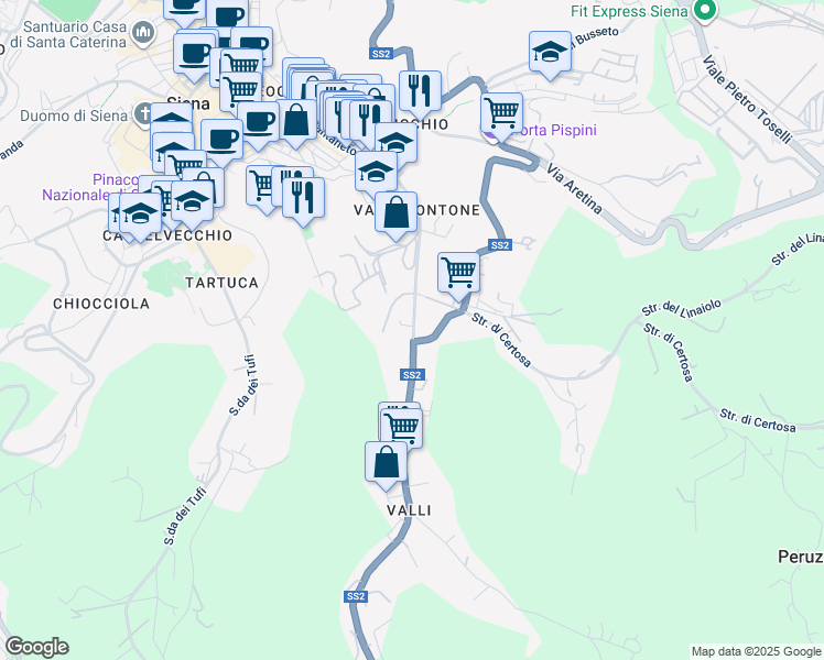 map of restaurants, bars, coffee shops, grocery stores, and more near 3 Via Enea Silvio Piccolomini in Siena