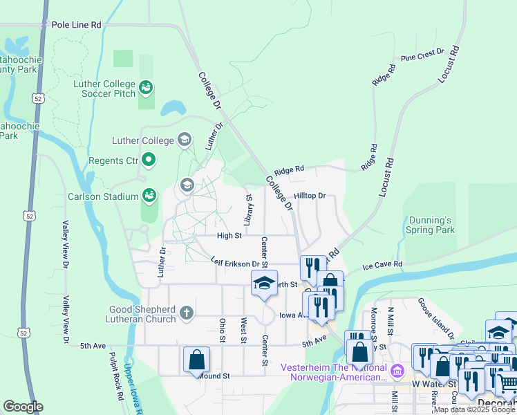 map of restaurants, bars, coffee shops, grocery stores, and more near 622 Center St in Decorah