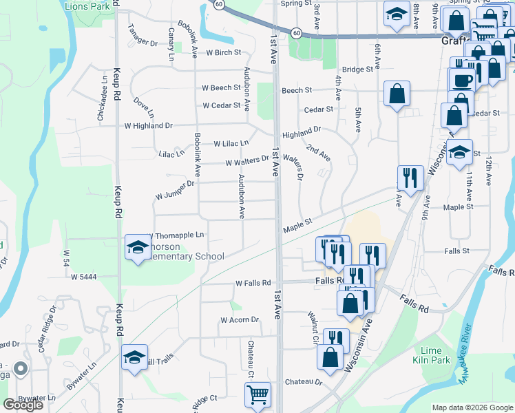 map of restaurants, bars, coffee shops, grocery stores, and more near 132 West Althea Drive in Grafton