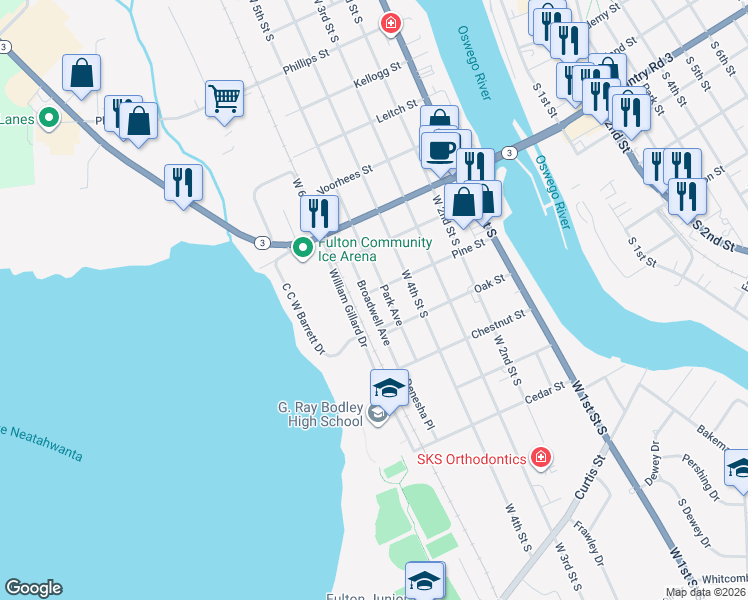 map of restaurants, bars, coffee shops, grocery stores, and more near 504 Pine Street in Fulton