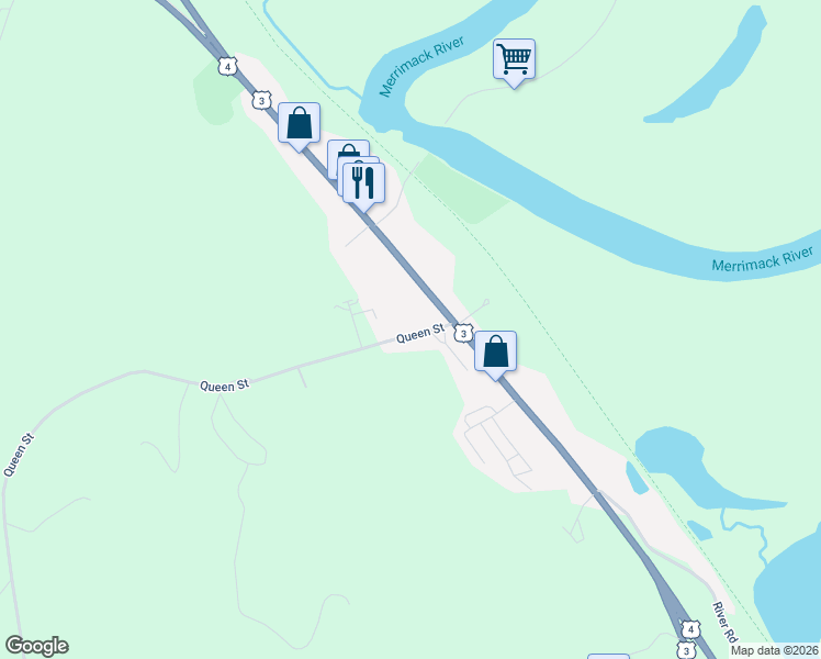 map of restaurants, bars, coffee shops, grocery stores, and more near 351 Queen Street in Boscawen