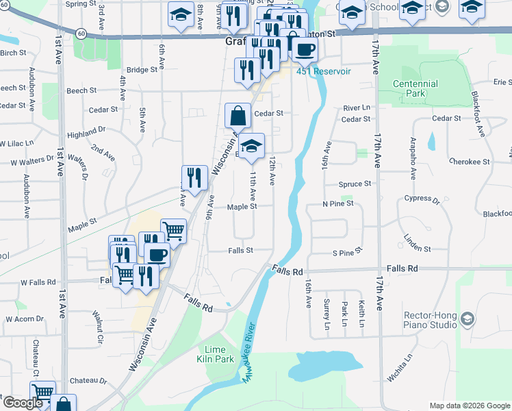 map of restaurants, bars, coffee shops, grocery stores, and more near 1102 Maple Street in Grafton