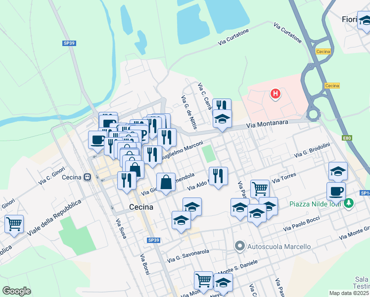 map of restaurants, bars, coffee shops, grocery stores, and more near 68/A Viale Guglielmo Marconi in Cecina