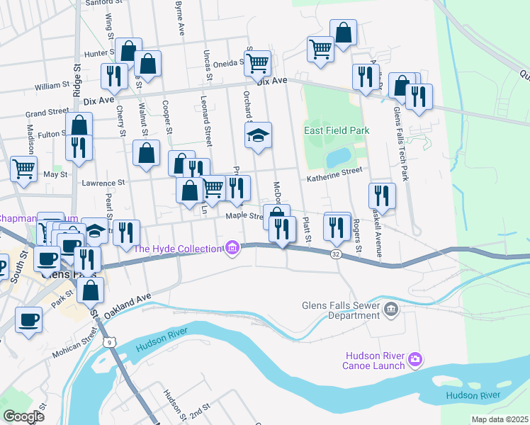 map of restaurants, bars, coffee shops, grocery stores, and more near 230 Maple Street in Glens Falls