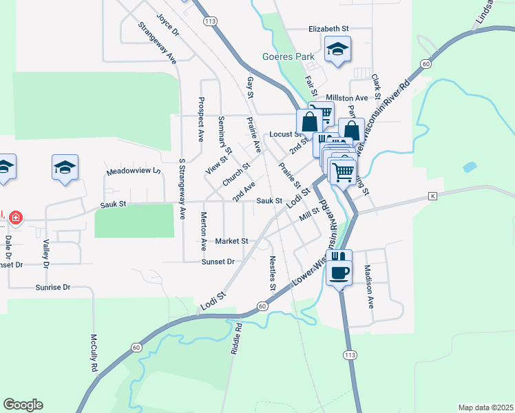 map of restaurants, bars, coffee shops, grocery stores, and more near 254 Sauk Street in Lodi