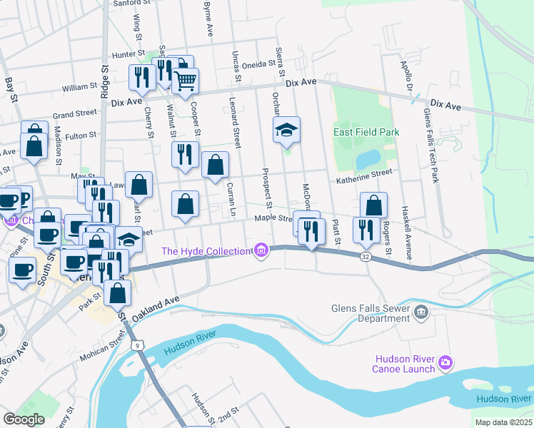 map of restaurants, bars, coffee shops, grocery stores, and more near 214 Maple Street in Glens Falls