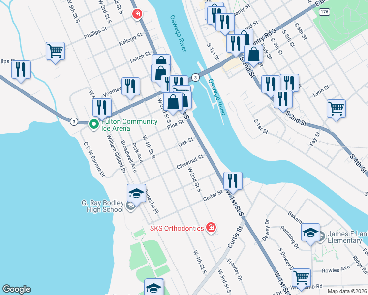 map of restaurants, bars, coffee shops, grocery stores, and more near 123 Oak St in Fulton