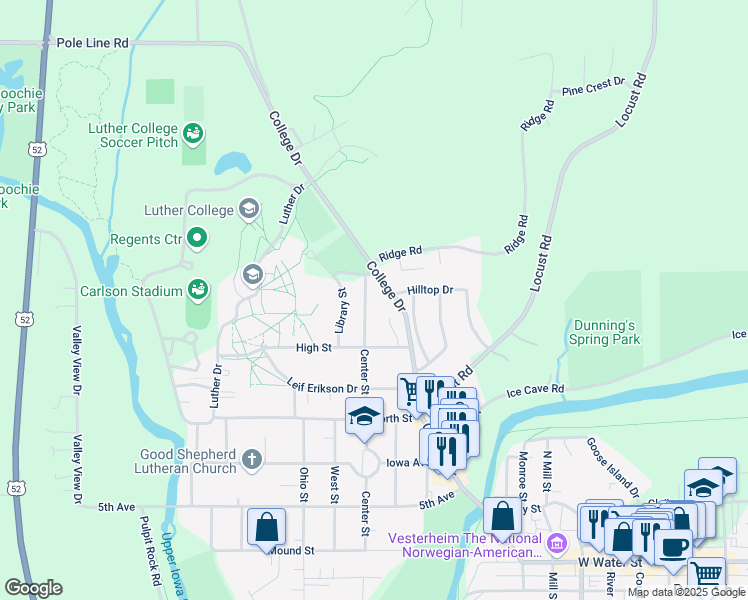 map of restaurants, bars, coffee shops, grocery stores, and more near 622 Center Street in Decorah