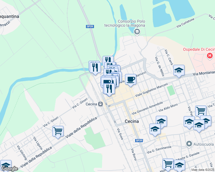 map of restaurants, bars, coffee shops, grocery stores, and more near 36 Via Armando Diaz in Cecina
