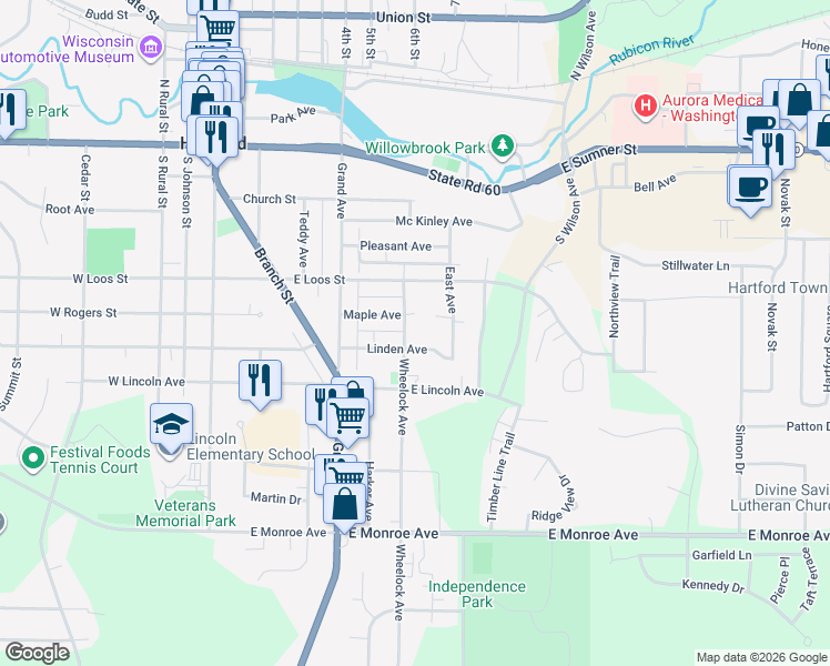 map of restaurants, bars, coffee shops, grocery stores, and more near 422 Wheelock Avenue in Hartford