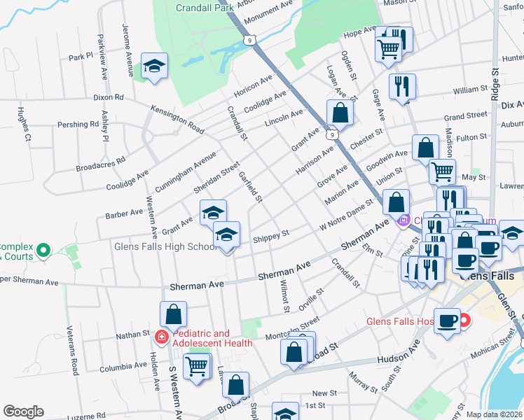 map of restaurants, bars, coffee shops, grocery stores, and more near 17 Garfield Street in Glens Falls