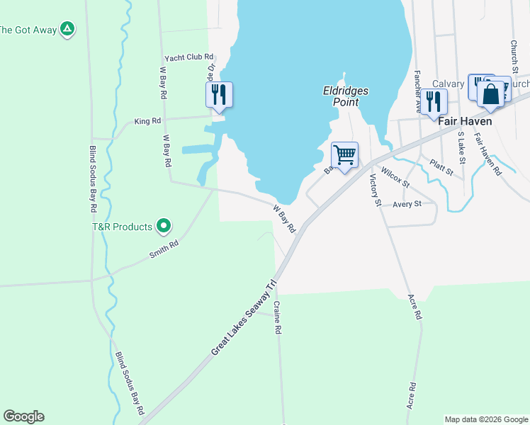 map of restaurants, bars, coffee shops, grocery stores, and more near 14387 West Bay Road in Sterling