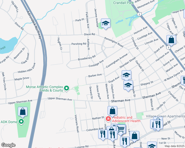 map of restaurants, bars, coffee shops, grocery stores, and more near 9 Barber Avenue in West Glens Falls