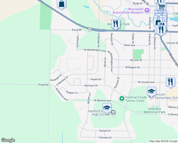 map of restaurants, bars, coffee shops, grocery stores, and more near 446 Ponderosa Drive in Hartford