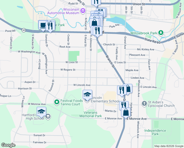 map of restaurants, bars, coffee shops, grocery stores, and more near 425 South Main Street in Hartford