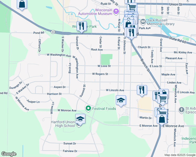 map of restaurants, bars, coffee shops, grocery stores, and more near 423 Cedar St in Hartford