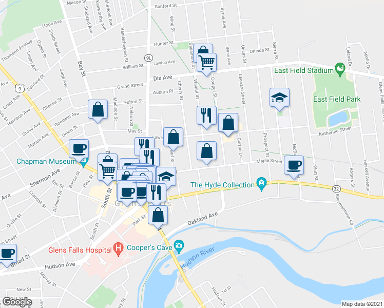 map of restaurants, bars, coffee shops, grocery stores, and more near 13 Cherry Street in Glens Falls