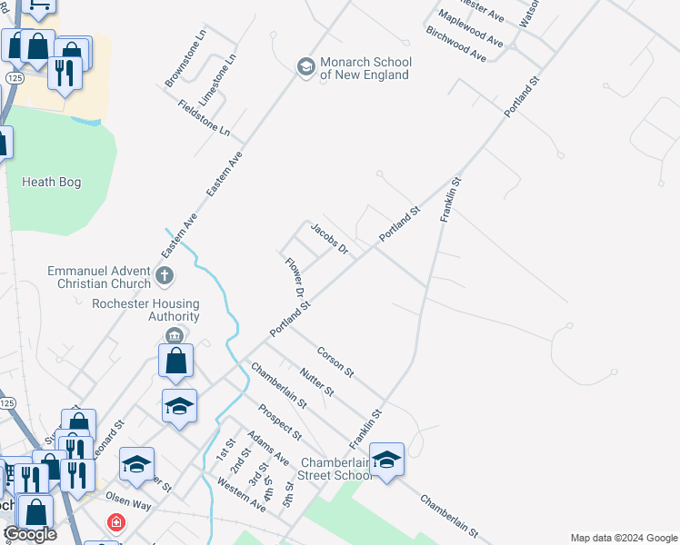 map of restaurants, bars, coffee shops, grocery stores, and more near 500 Portland Street in Rochester