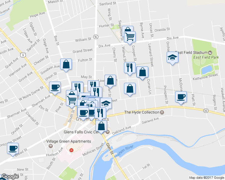 map of restaurants, bars, coffee shops, grocery stores, and more near 15 Pearl St in Glens Falls